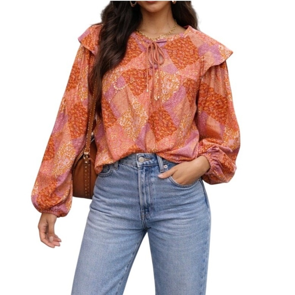 Time and Tru XXL 20‎ Boho Pink Orange Paisley Patchwork Flutter Ruffle Blouse